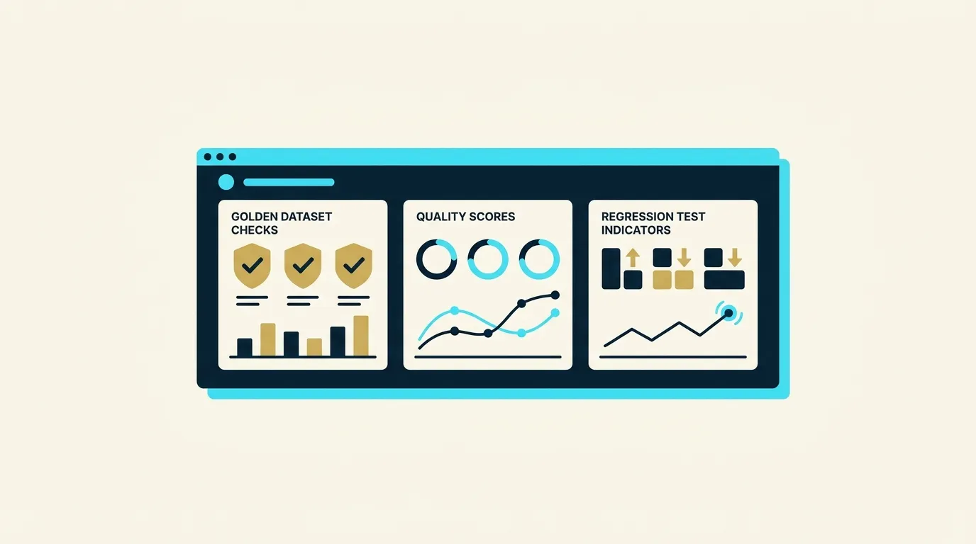 Dashboard de evals midiendo calidad y regresiones de un sistema de IA en producción empresarial